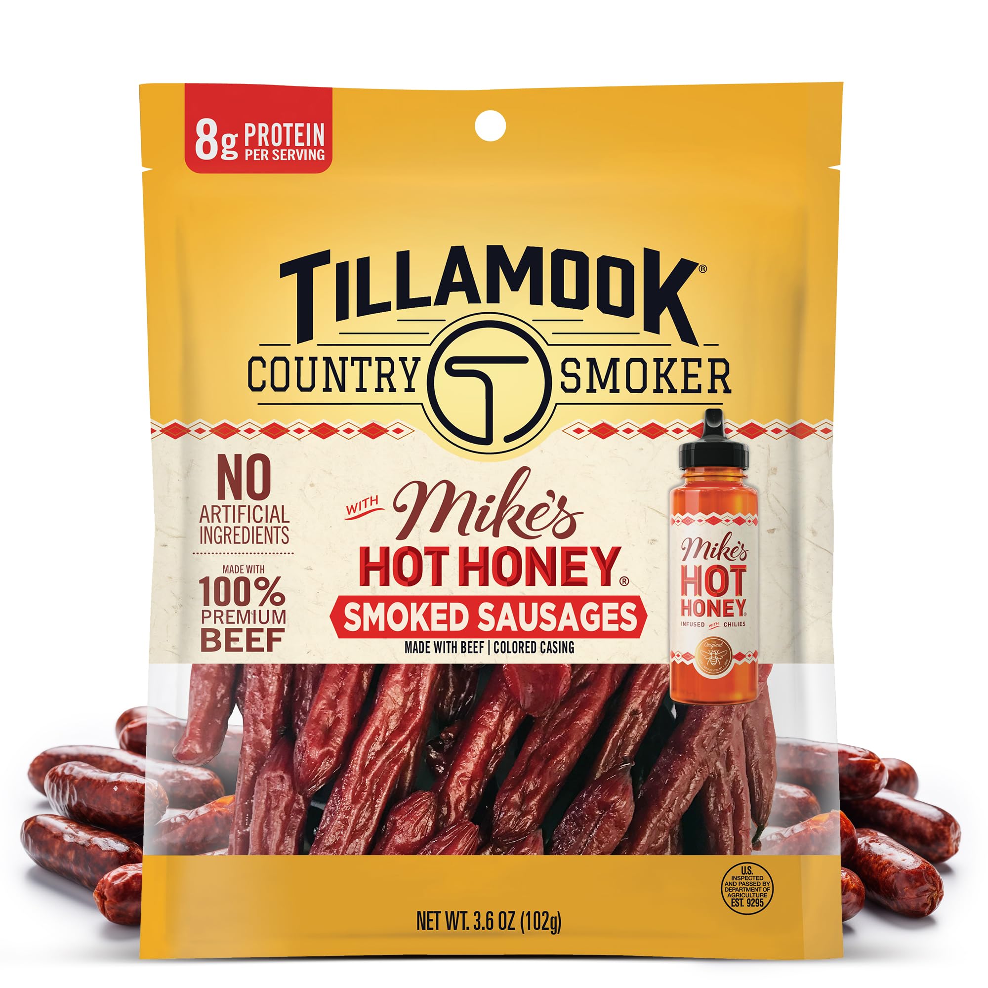 TILLAMOOK COUNTRY SMOKER Mike's Hot Honey Beef Smoked Sausages - Low Carb, High Protein, Ready to Eat Snack
| TILLAMOOK
