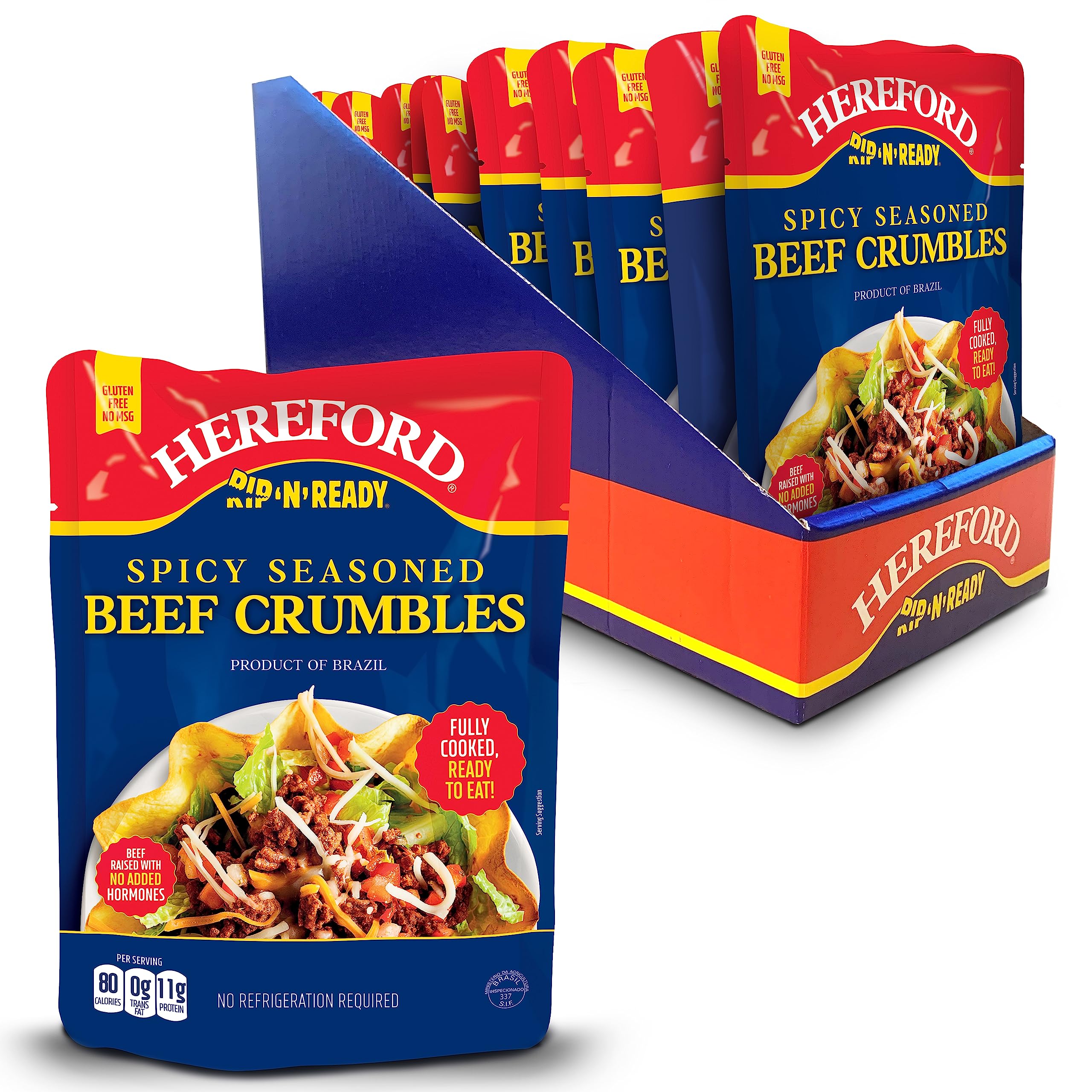 HEREFORD Spicy Seasoned Beef Crumbles | Fully Cooked | Ready-to-Eat | Halal | 12g of Protein per Serving | 6oz per Pouch
